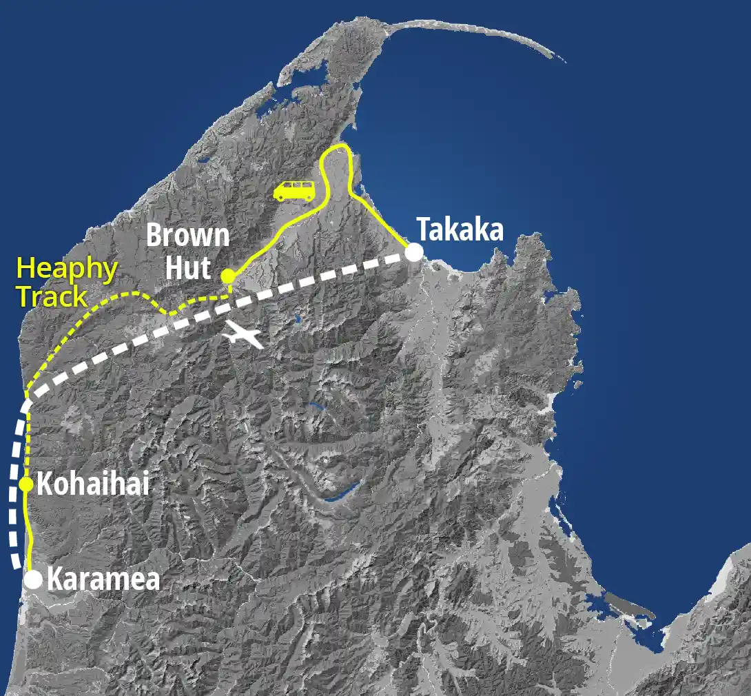 Map showing Golden Bay Air flight and shuttle routes between Takaka, Brown Hut, Kohaihai and Karamea