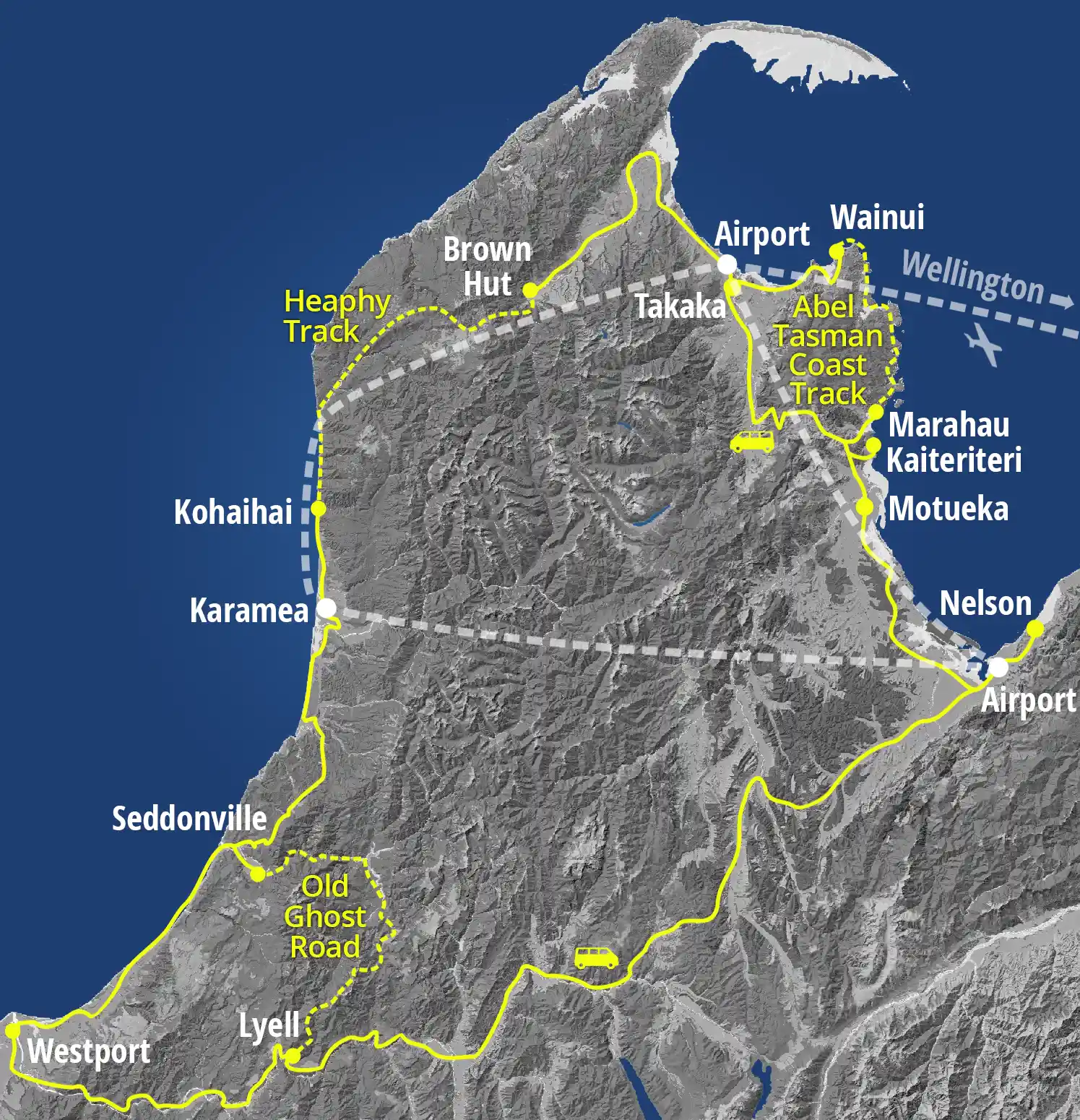 Golden Bay Air shuttles route map showing routes between Nelson, Marahau Wainui, Takaka, Brown Hut and Karamea
