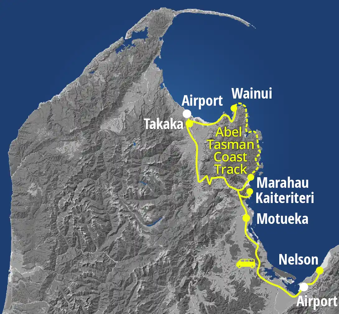 Map showing Golden Bay Air flight and shuttle routes between Nelson, Marahau, Kaiteriteri, Takaka and Wainui