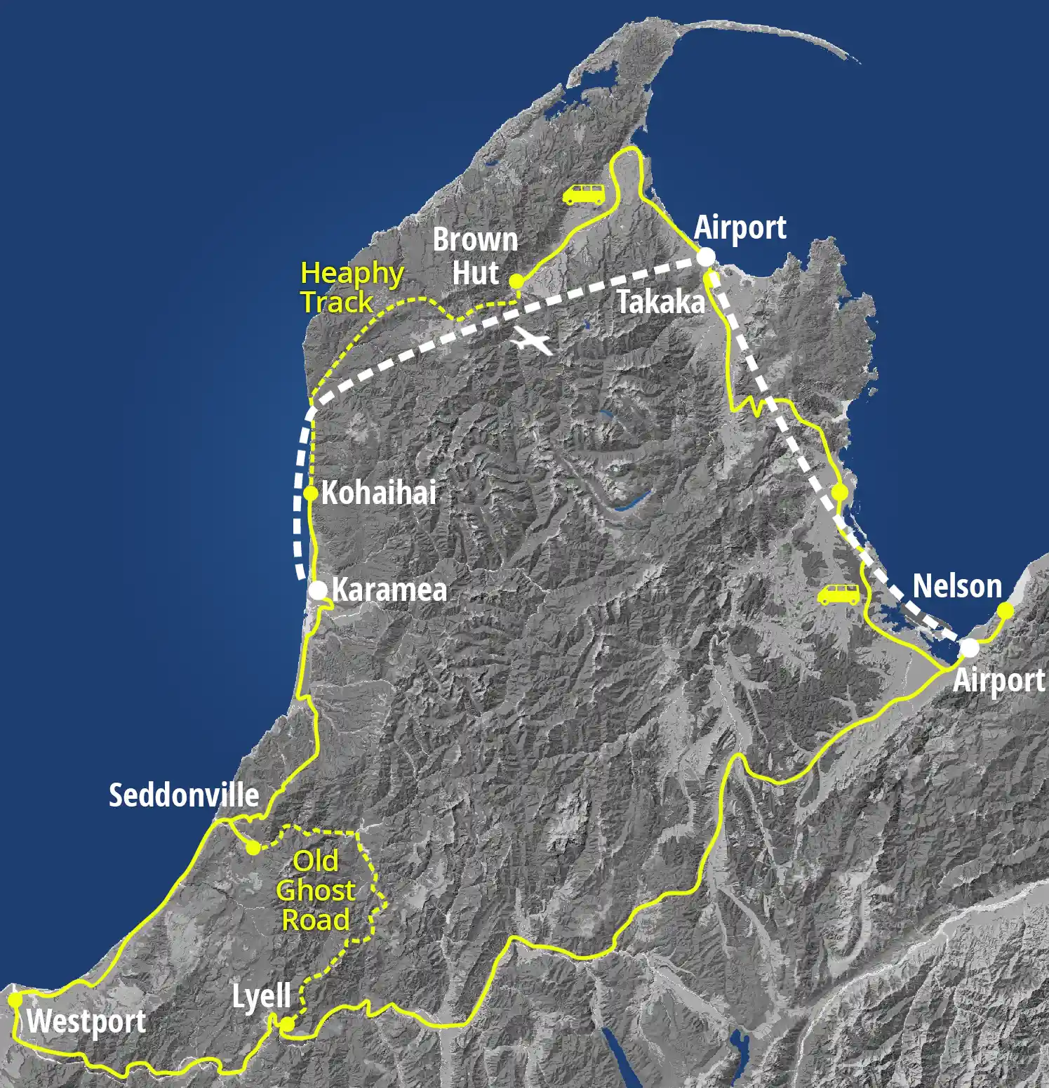 Map showing Golden Bay Air flight and shuttle routes between Nelson, Brown Hut, Kohaihai, and Karamea