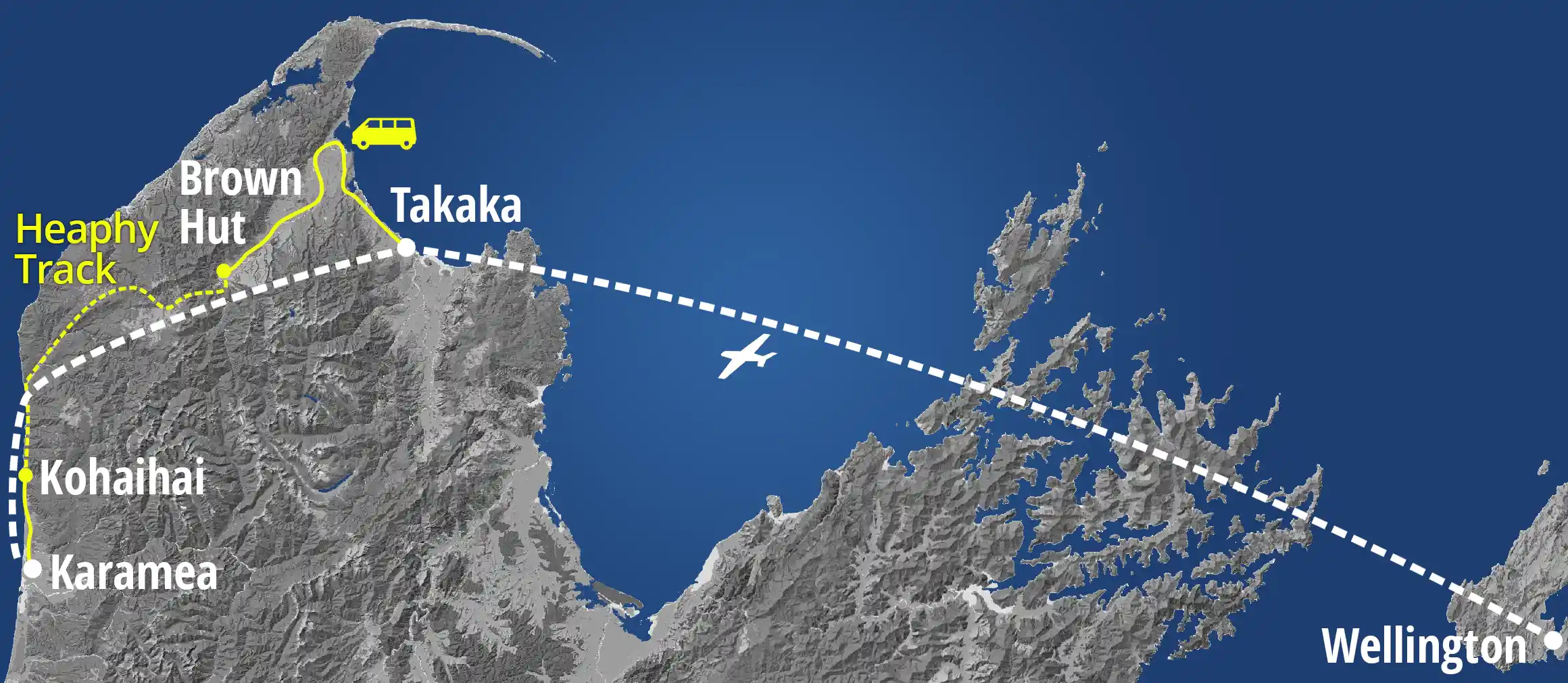 Map showing Golden Bay Air flight and shuttle routes between Wellington, Takaka, Brown Hut, Kohaihai and Karamea