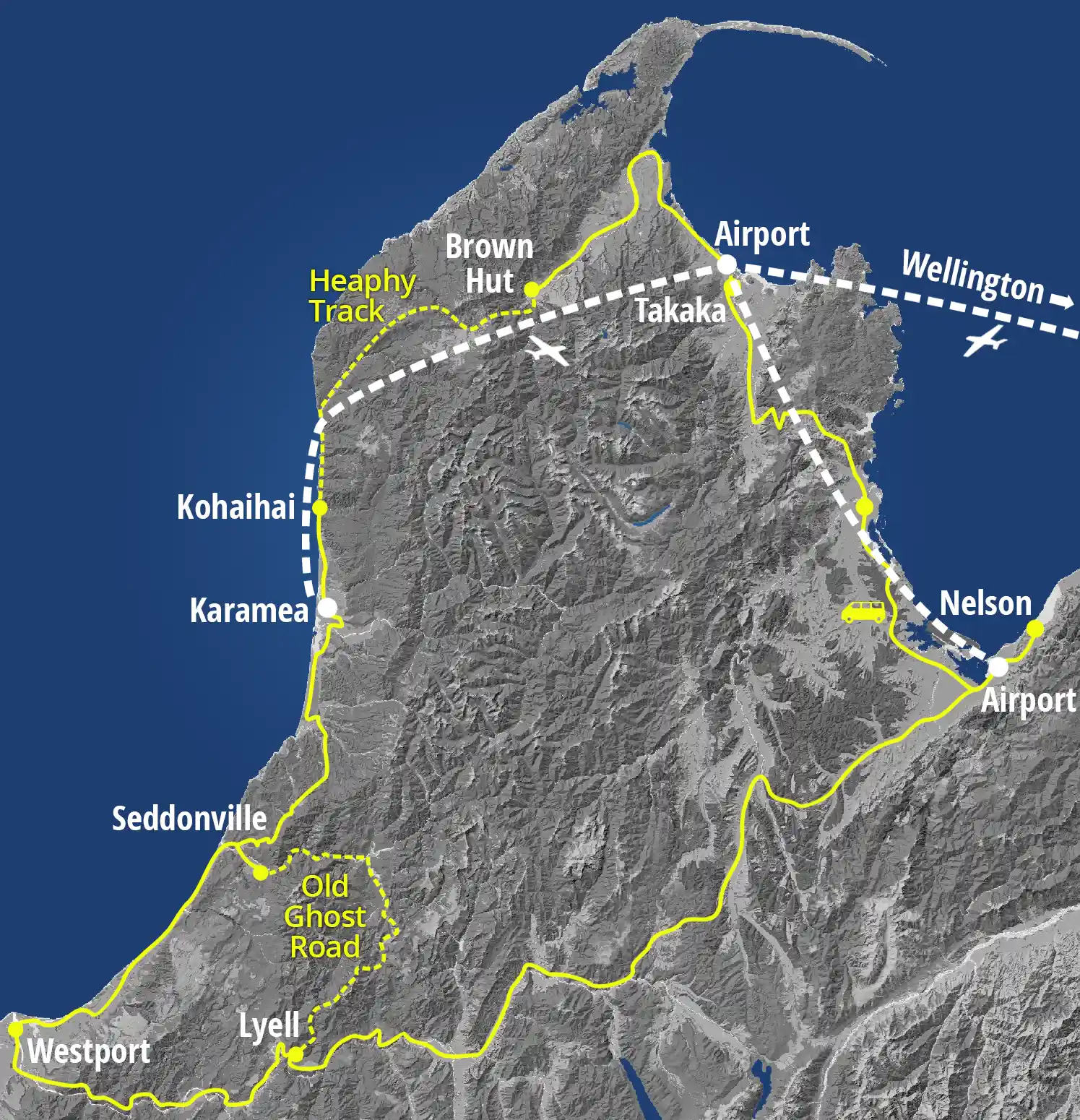 Map showing Golden Bay Air flight and shuttle routes between Nelson, Takaka, Brown Hut and Karamea