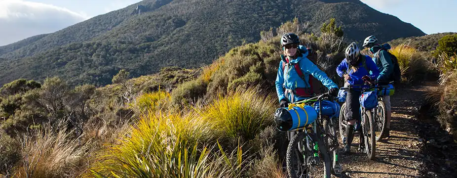 Three riders survey Gouland Downs from Heaphy Track with Mount Perry in the background