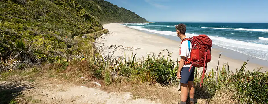 A tramper stands on a west coast beach looking along the Heaphy Track