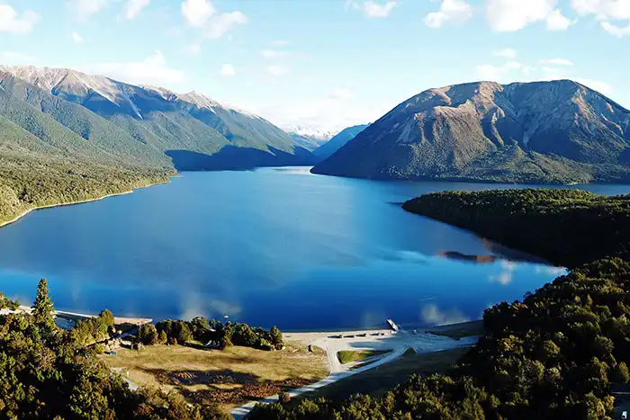 Aerial view of Kerr Bay, Lake Rotoiti from a Golden Bay Air Nelson Lakes scenic flight