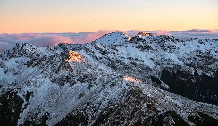 A sunset flight over Kahurangi National Park in winter